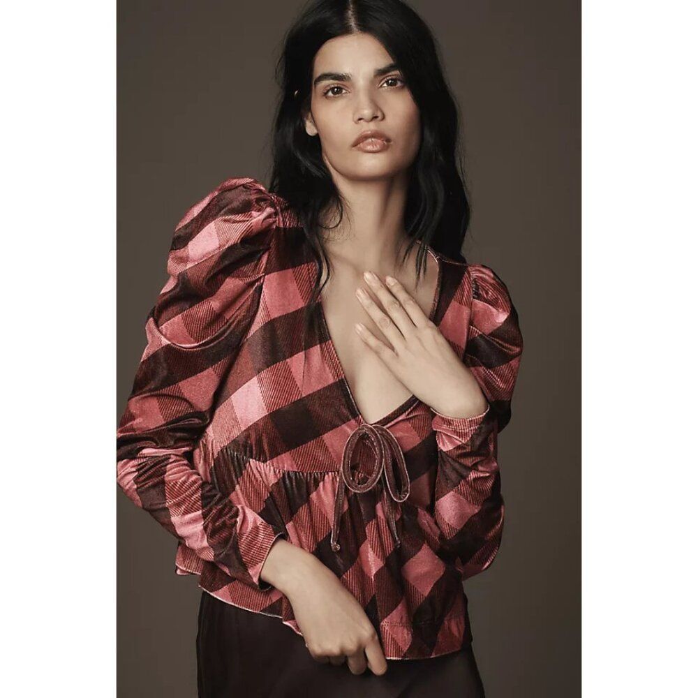 Anthropologie Maeve Velvet Babydoll Top Pink Plaid NWT Size XL Feminine